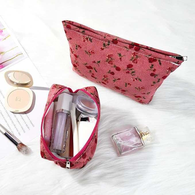 2 Pieces Rose Makeup Bag Large Cosmetic Bag Capacity Canvas Mix Travel Toiletry Bag Organizer Cute Makeup Brushes Aesthetic Accessories Storage Bag for Women, Rose Mix Green Red