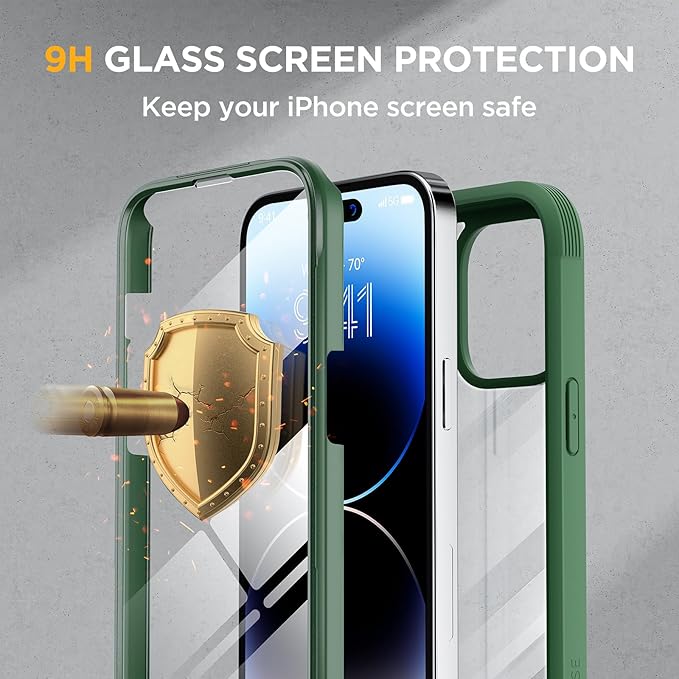 Miracase Glass Series Designed for iPhone 14 Pro Max Case 6.7 Inch, Upgrade Full-Body Bumper Case with Built-in 9H Tempered Glass Screen Protector, with Camera Lens Protector, Green