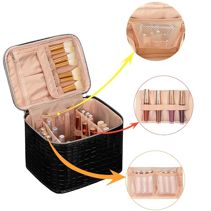 OCHEAL Travel Makeup Bag, Cosmetic Bags for Women Makeup Case Organizer Large Capacity Travel Toiletry Bag Storage Bags with Divider and Handle for Cosmetics Toiletries Brushes Tools-Black
