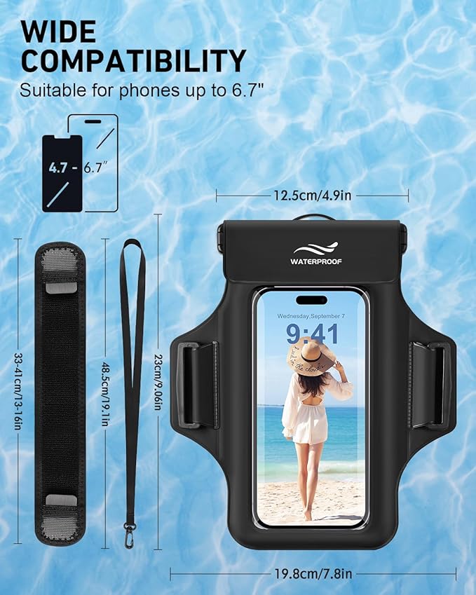 2-in-1 Underwater Waterproof Phone Pouch &Phone Armband for Phones up to 6.7", IPX8 Floating Waterproof Phone Case with Detachable Strap, Dry Bags Waterproof, Beach Vacation Essentials