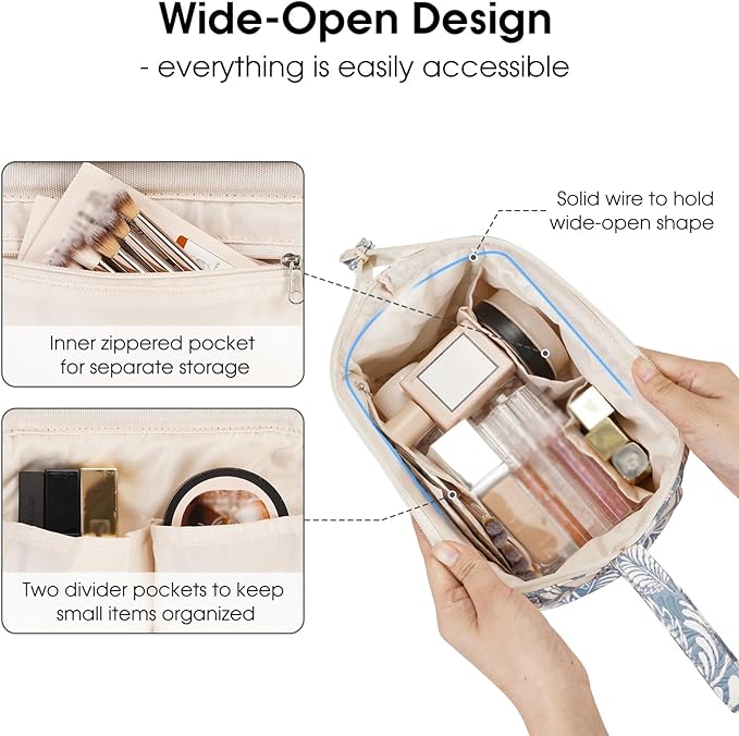 Narwey Women Makeup Bag Wide-open Make up Bag Travel Cosmetic Organizer Toiletry Bag for Cosmetics Toiletries Accessories (Blue Leaf)