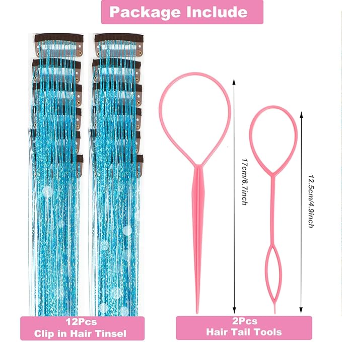 12Pcs Hair Tinsel Clip in Glitter Tinsel Hair Extensions 19.6Inch Clip in Hair Tinsel Kit Heat Resistant Shiny Sparkly Fairy Hair Accessories for Women Girls Kids (Sky Blue)