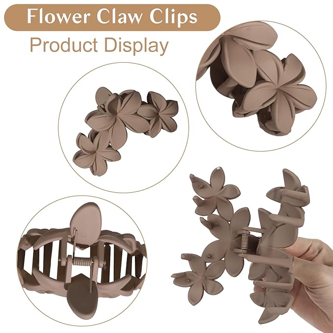 ANBALA 4PCS Hawaiian Plumeria Flower Hair Clips - Large Non-Slip Matte Claw Clips for Women, Strong Hold Beach Hair Accessories