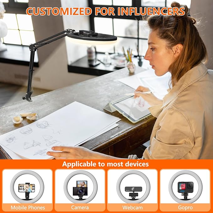 Upgrade 10’’ Ring Light Overhead Phone Mount,LED Selfie Light with Stand and Phone Holder for iPhone and Laptop,Desk Light for Video Recording, Live Streaming,Zoom Meeting, YouTube,Tiktok