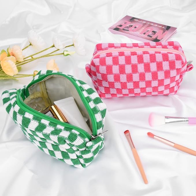 2 Pieces Makeup Bag Pouch Checkered Cosmetic Bag Pink Green, Travel Toiletry Bag Organizer Cute Makeup Brushes Storage Bag for Women