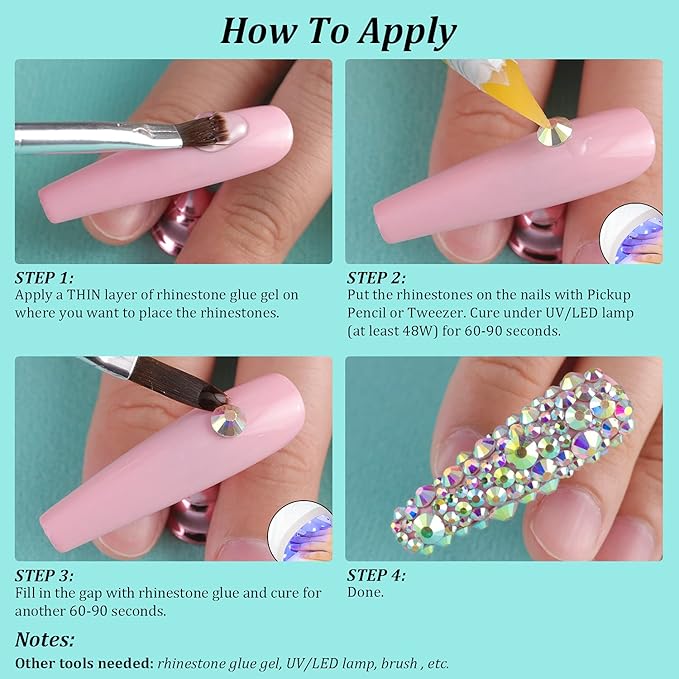 6 Sizes AB Glass Crystal Kit with Pickup Pen + Tweezer Tools for Iridescent Shine Nail Art Manicure Makeup DIY Decoration Flatback Round Rhinestone Gem Jewelry Diamond