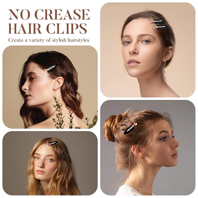 D 8 Pcs Hair Clips - No Crease Hair Clips - Flat Makeup Clips for Women and Girls - Creaseless Hair Clips for Hairstyling Bangs Salon Rose Gold Handle - Black