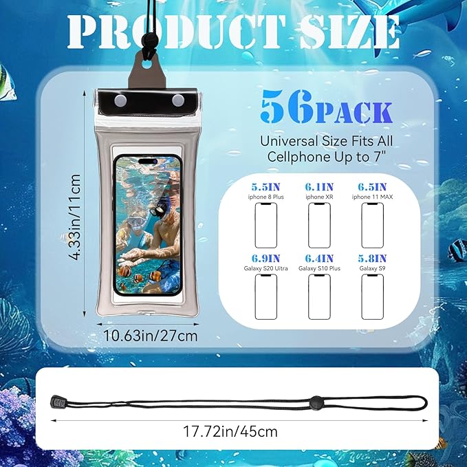 56 Pcs Universal Waterproof Phone Pouch Clear Cellphone Dry Bag with Lanyard Outdoor Beach Swimming Snorkeling Bag Plastic Underwater Case for Smartphone up to 6.9 Inch, 7 Colors