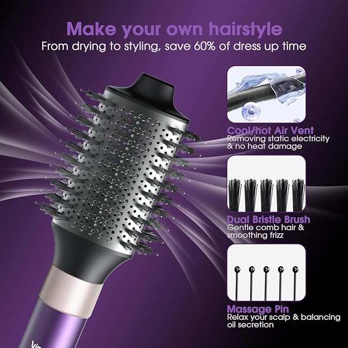 7 in 1 Blow Dryer Brush and Hair Dryer, Hot Hair Styler with Negative Ion 110,000 RPM Hair Straightener Brush for Fast Drying Straightening Curling Voluming, Suitable for All Types,Purple