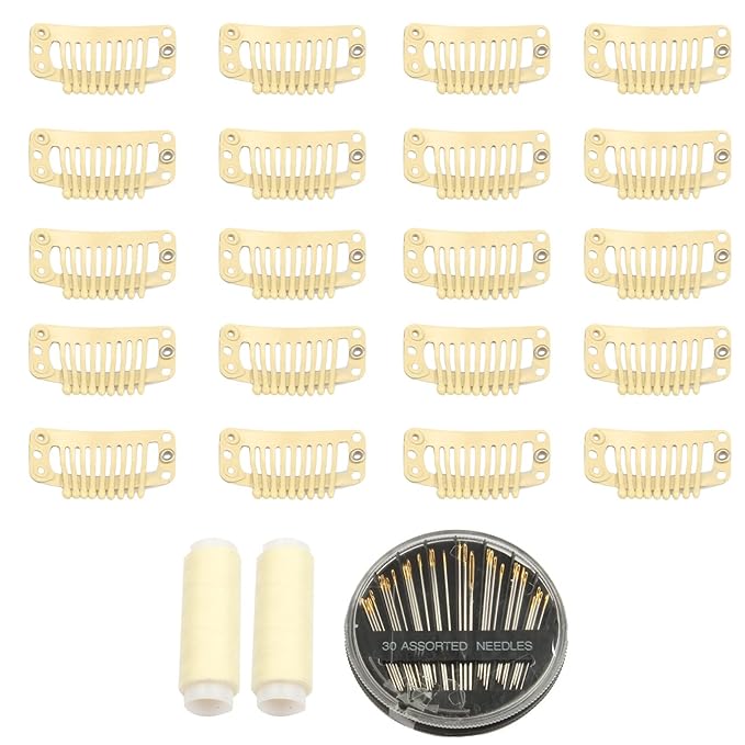 30pcs 9 Teeth Stainless Steel Snap Comb Wig Clips, Hair Extension Clips, Wig Accessories Clip with 30 Assorted Sewing Needles and 2 Rolls Thread (Beige)