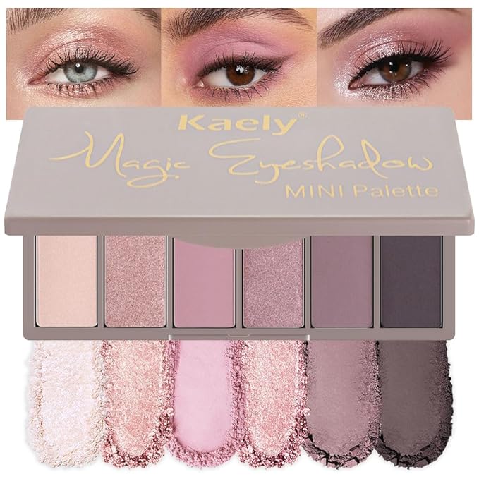 Kaely 6 Colors Mini Pink Eye Shadow Palette Makeup, Neutral Matte Shimmer Eyeshadow Palette for Older Women Highly Pigmented Waterproof, paleta de sombras de ojos, Vegan & Cruelty-free, 07