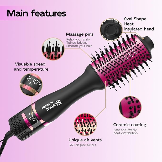 Nicebay Hair Dryer Brush, Hot Tools Blow Dryer Brush for Women, One Step Blowout Brush with Display Screen, Oval Ceramic Barrel, Negative Ion