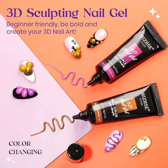 MIZHSE 3D Nail Gel - Nail Art Sculpting Gel 15g Color Changing Purple Orange 3D No Wipe Nail Design Molding for Nails Supply U V LED Home DIY