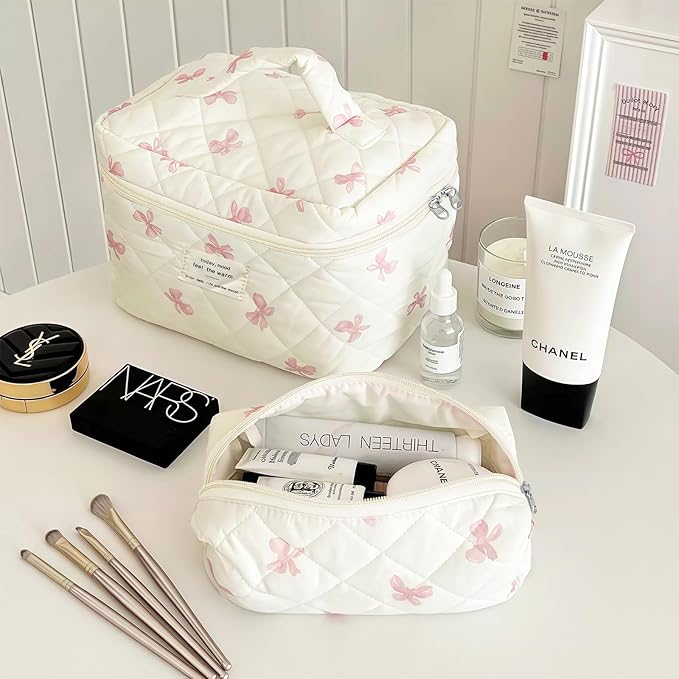4 Piece Cute Pink Bow Quilted Makeup Bag Set, Large Capacity Travel Makeup Bags for Women and Girls, Includes Small, Small-Medium,Medium, and Large aesthetic makeup&Cosmetic Bags (4PCS-Pink Bow)