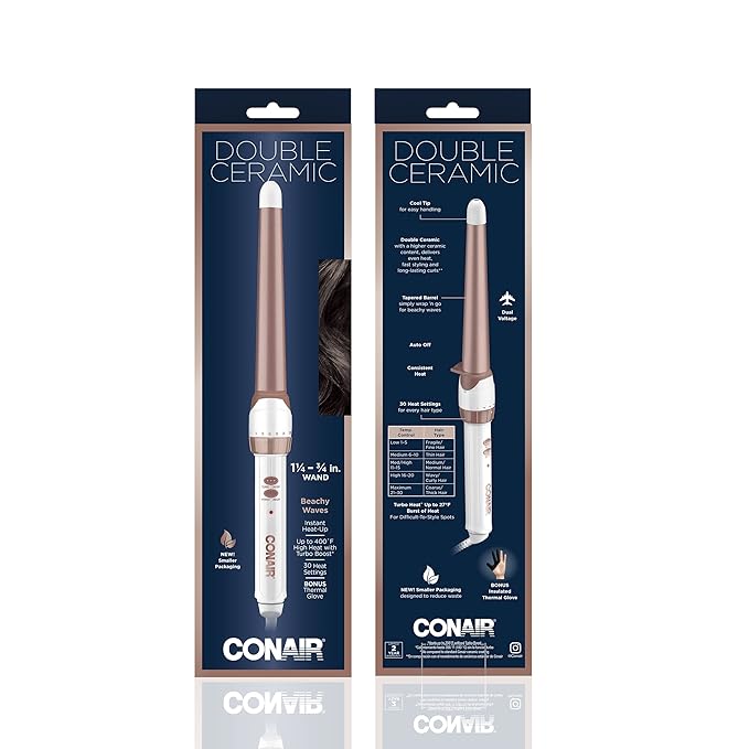 Conair Double Ceramic 1 1/4-inch to 3/4-inch Curling Wand, Tapered wand produces beachy waves