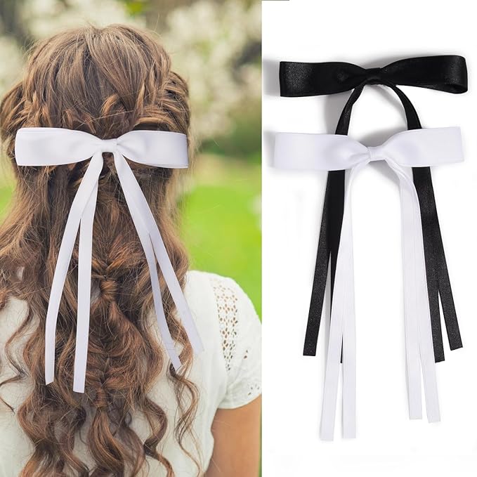 4 PCS Tassel Ribbon Bowknot Hair Clips With Long Tail for Women Girl Teens Kids, Solid Holder Fashion Bow Bowknot Hair Accessories Headwear Barrettes Claw(Black&White)