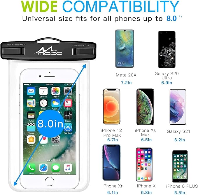 MoKo Waterproof Phone Pouch 2Pack, Underwater Phone Case Dry Bag with Lanyard Compatible with iPhone 16 14 13 12 11 Pro Max X/Xr/Xs Max/SE 3, Samsung S21/S10/S9, Note 10/9/8, Black+Black