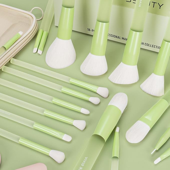 18pcs Colorful Makeup Brush Set with Make up Bag and Sponge Applicators for Liquid Foundation - Professional Cosmetics Tools Blush Blending Blender Brushes Gift Pack (Green)