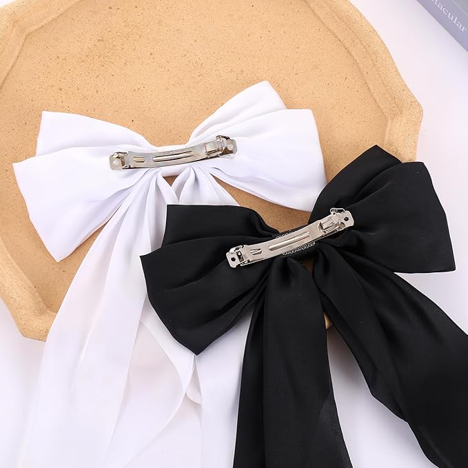 Silky Satin Oversized Hair Bows for Women Girls 4 PCS Hair Ribbon Bow Hair Clips with Long Tails (Black, White, Pink, Navy )