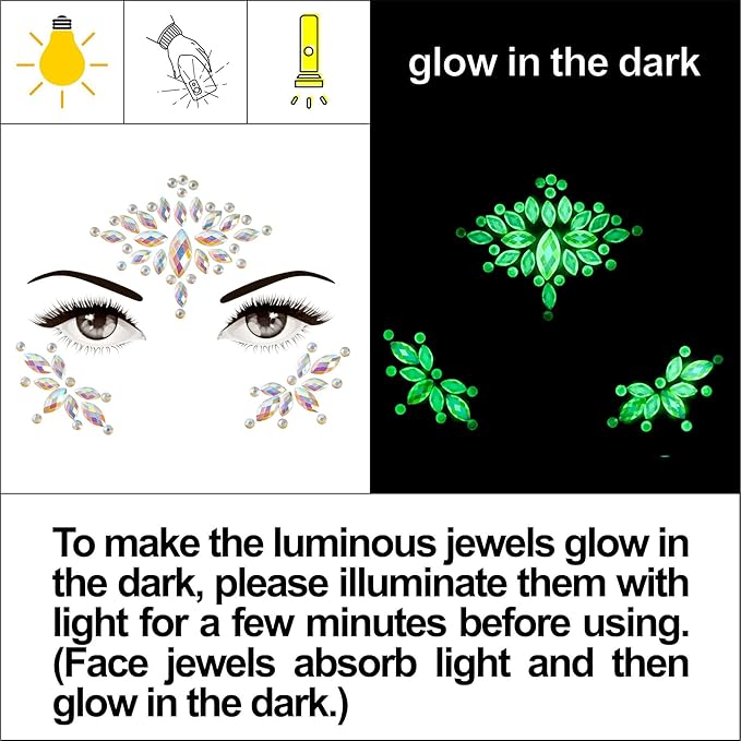 4 Sheets Euphoria Face Gems, 10g Chunky Glitter, Rhinestones Jewels Stickers Glow in The Dark-Luminous Gems Body Makeup for Music Festivals Rave Carnival Cosplay (2Luminous)