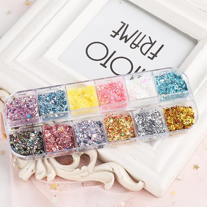 12 Colors Glitter Nail Art Sequins, Holographic Irregular Iridescent Shiny Nail Flakes Decorations 3D Ultra-Thin Powder Nail Art Design for Women Manicure Sparkly Acrylic Supplies, Resin Nail Art Tips
