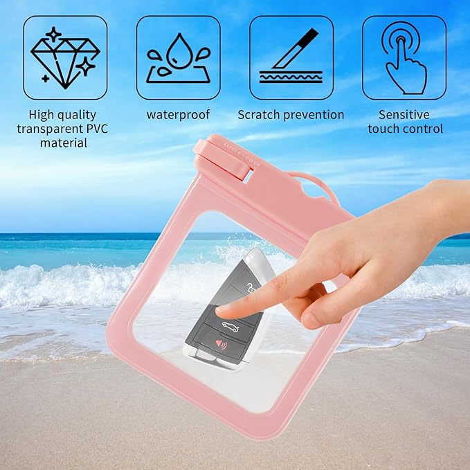 2 Pack Submersible Waterproof Wallet Dry Car Key Fob Case Bag,Swimming Surfing Water Sports Small Waterproof Pouch Holder for Door Ship Card Credit ID Card Driver Fishing License Cash Coins-Pink