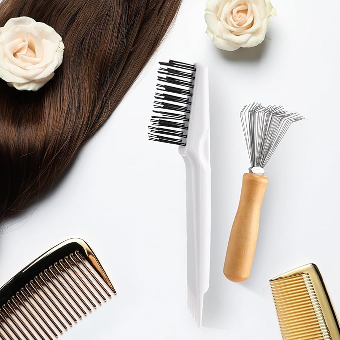 Boao 2 Pieces Hair Brush Cleaning Tool Comb Cleaner Brush Mini Comb Cleaning Hair Remover Tool for Removing Dust Home and Salon Use (White, Wood Color)