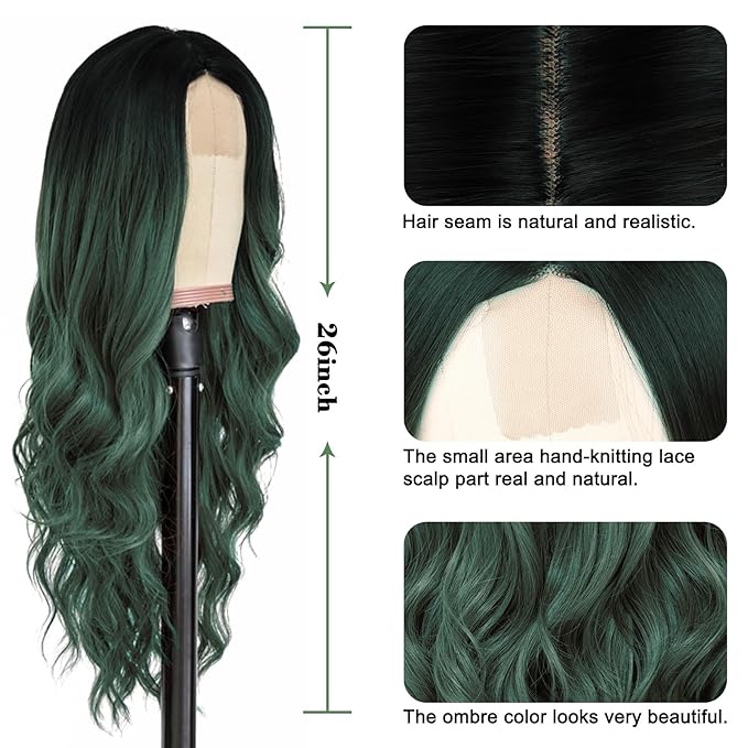 NAYOO Long Ombre Green Wavy Wig for Women 26 Inch Middle Part Curly Wavy Wig Natural Looking Synthetic Heat Resistant Fiber for Daily Party Use (Ombre Green)
