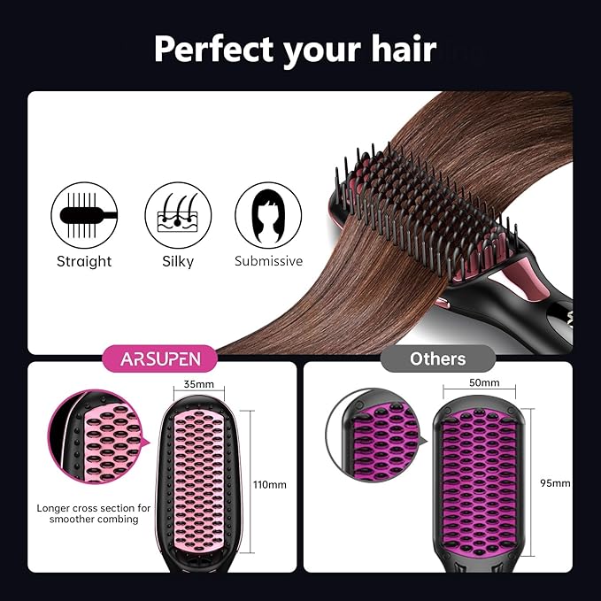 OMTech Hair Straightener Brush, Heated Brush for Women with Anti-Scald, Auto Temperature Lock and Auto-Off, MCH Fast Heating, Home, Barber Shop