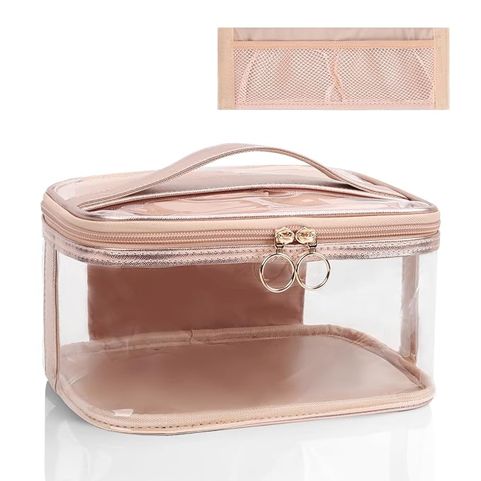 OCHEAL Clear Makeup Bags,Portable Cosmetic Bag Travel Makeup Organizer case Make Up Bag for Women and Girls Cosmetics Toiletries Brushes Slots and Divider-Clear Rose Gold