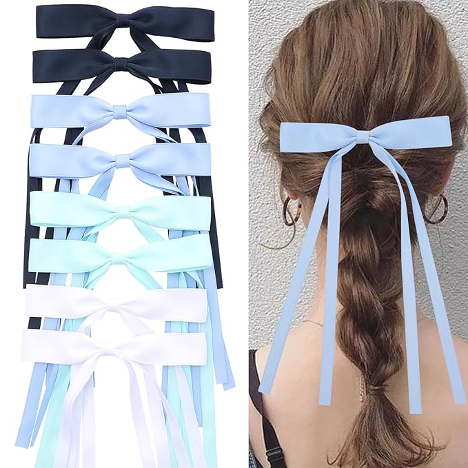 Hair Bows with Long Tails, Clips, and Barrettes for Women's Accessories (White, Blue, Navy Blue, Light Green)