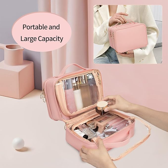 OCHEAL Makeup Bag, Double Layer Cosmetic Bag, Large Capacity New Look Clear Cosmetic Case for Women Travel Beauty Essentials, Multiple Compartments Make up Organizer Zipper Pouch- Pink