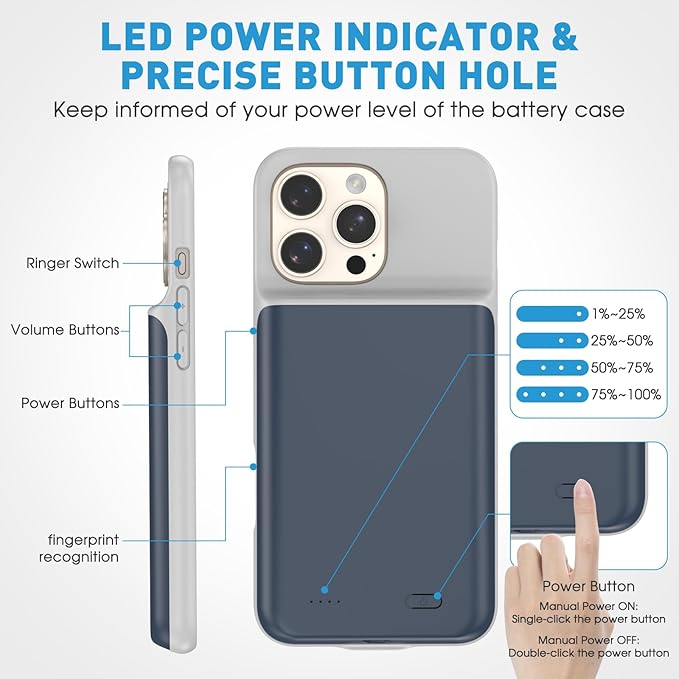 2025 New Upgraded 7000 mAh Travel Battery Case for iPhone 16 Pro Max 6.9inch, Extra Battery Life 15W Fast Charging External Rechargeable Portable Charging Case with HD Tempered Protective Film