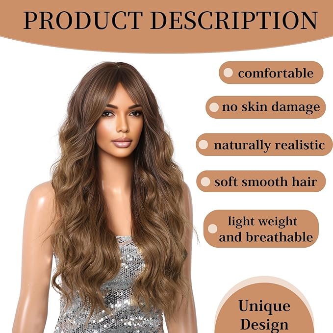 Ombre Brown Wig 26 Inch Long Curly Wigs for Women Synthetic Hair Wavy Wig,Natural Hair Wig With Bang for Daily Party Use