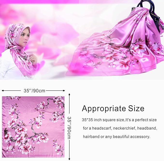35 x 35 Women's Fashion Pattern Large Square Silk Like Hair Scarf Head Sleeping Wrap Satin Neck Bandana for Gift…
