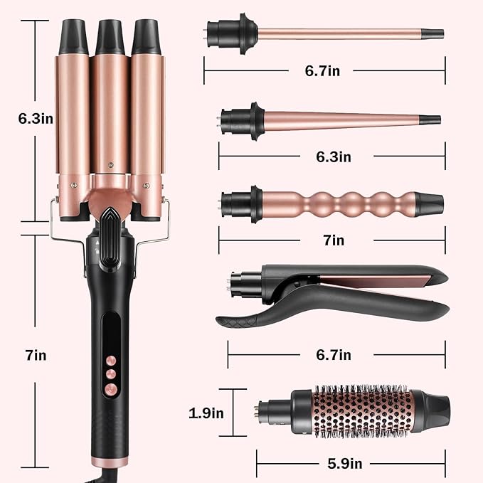 6 in 1 Hair Curling Iron Wand Set PTC Fast Heating Hair Crimper Professional Hair Styling Tools LCD Temp Control with Hair Straightener, Ceramic 3 Barrel Hair Waver Surprise Gift for Women Girl