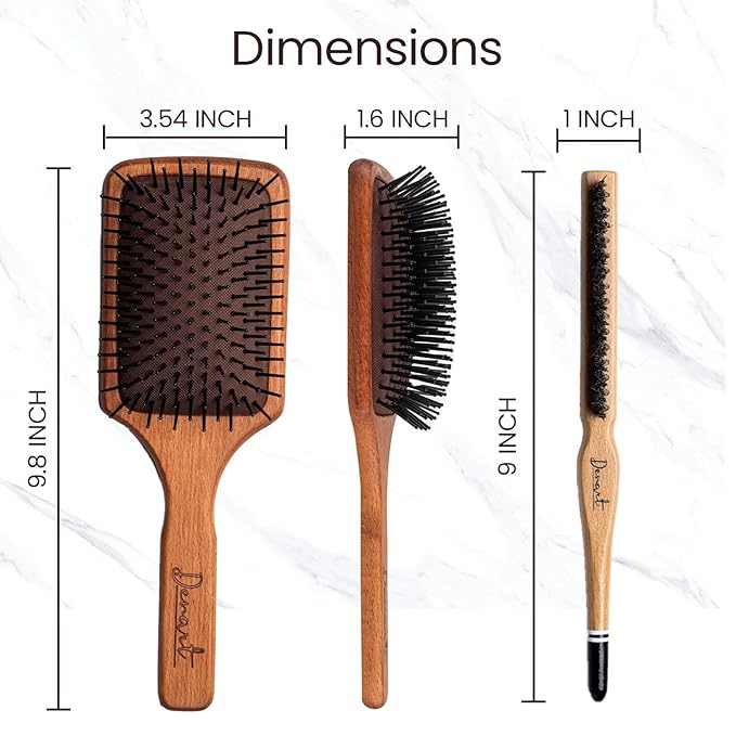 2 Packs Wooden Hand Made Detangling Paddle and Teasing Boar Bristle Hairbrush, Comfortable Gently Detangles, Reduce breakage, Pain-Tangle Free Brushing, All Wet, Dry Hair Types, Women, Men