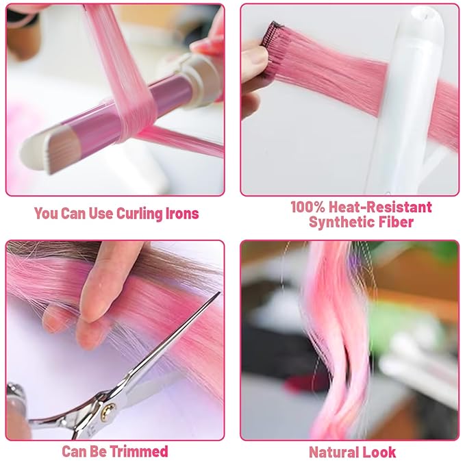 22 inch Colored Hair Extensions Straight Hairpiece, Multi-colors Party Highlights Clip in Synthetic Hair Extensions for Kids Women Gift(10 PCS Pink)