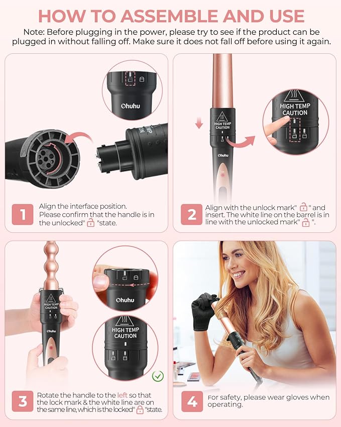 5 in 1 Curling Wand Set: Ohuhu Curling Iron Wand 5Pcs 0.35 to 1.25 Inch Interchangeable Ceramic Barrel Heat Protective Glove 2 Clips Dual Voltage Hair Curler for Women Girl Mother's Day Gift Rose Gold