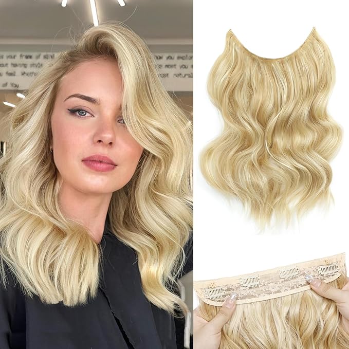 MORICA Invisible Wire Hair Extensions - 14 Inch Hair Extensions Halo Long Wavy Synthetic Hairpiece with Transparent Wire Adjustable Size, 4 Secure Clips for Women(Ash Blonde Mix Bleach Blonde,14Inch)
