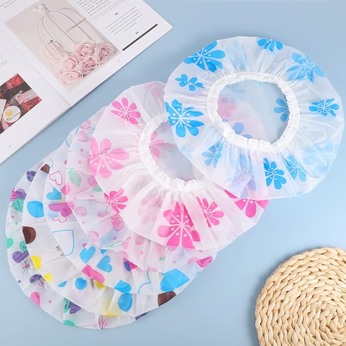 6 Pcs Shower Caps, Waterproof Bath Caps Plastic Reusable Shower Caps Elastic Band Bath Hair Caps for Women Kids