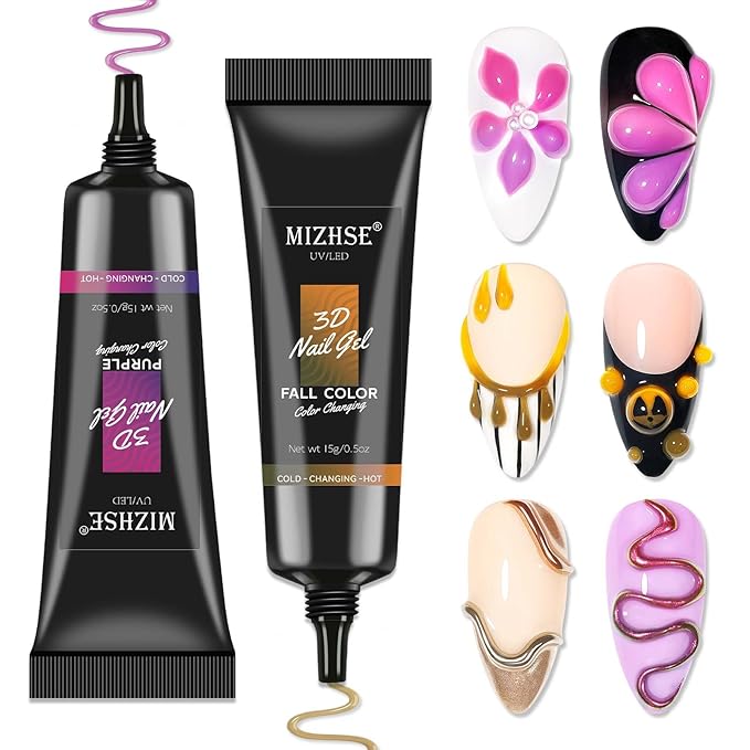 MIZHSE 3D Nail Gel - Nail Art Sculpting Gel 15g Color Changing Purple Orange 3D No Wipe Nail Design Molding for Nails Supply U V LED Home DIY