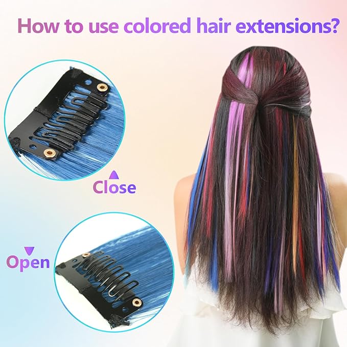 22 Pcs Colored Hair Extensions, Multi-colors Party Highlights Clip in Synthetic Hair Extensions 22 inch Rainbow Hairpieces for Girls Women Kids Favor Gift (Colorful Set)