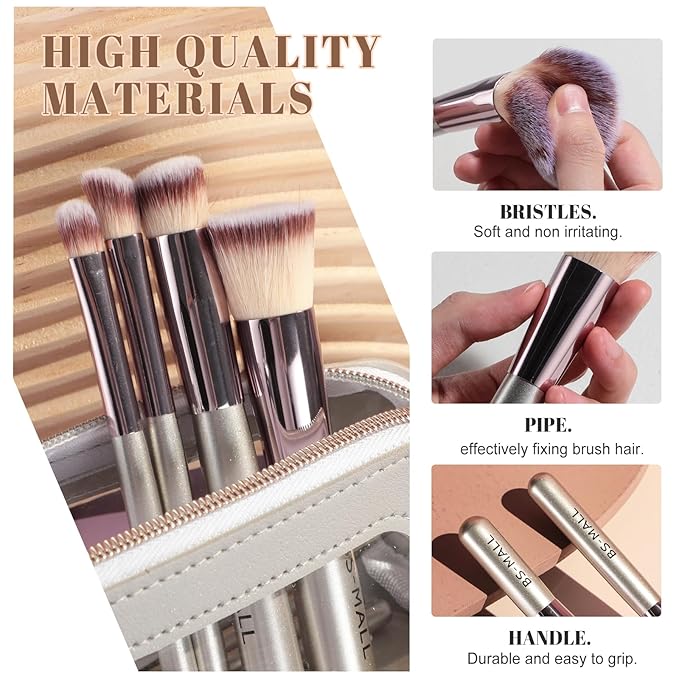 BS-MALL Makeup Brush Set 14 Pcs Premium Synthetic Foundation Powder Concealers Eye shadows Blush Makeup Brushes with Makeup Case and Makeup Sponge (A-Champagne)