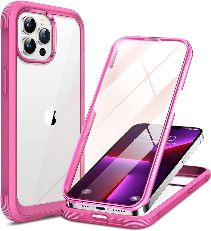 Miracase Glass Case for iPhone 13 Pro Max 6.7 inch, Upgrade Full-Body Clear Bumper Case with Built-in 9H Tempered Glass Screen Protector for iPhone 13 Pro Max, Dianthus Red