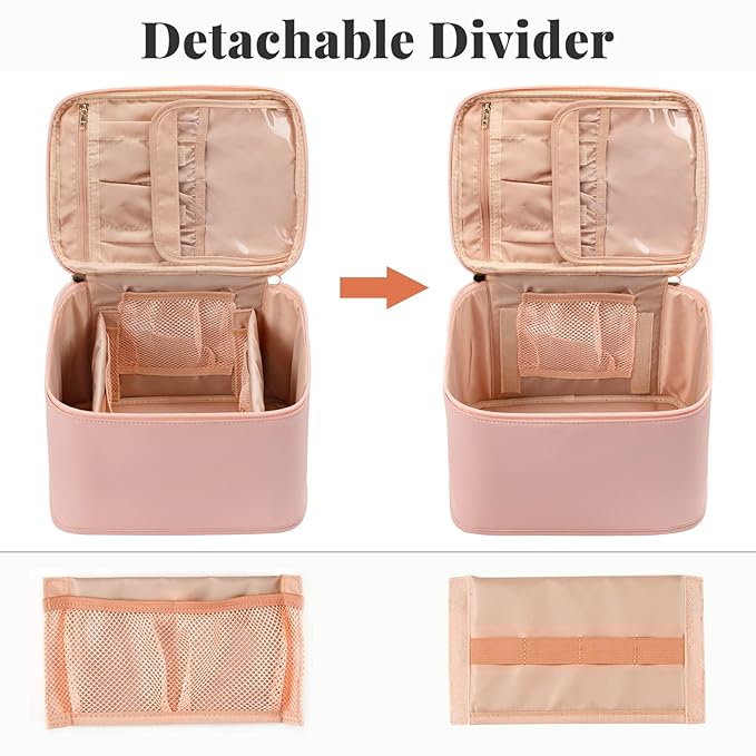 OCHEAL Makeup Bag, Portable Cosmetic Bag, Large Capacity Travel Case Organizer, Black Makeup Bags For Women Toiletry Bag for Girls Traveling With Handle and Divider-Pink