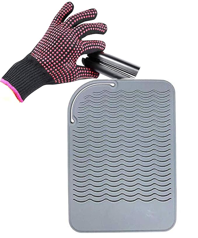 Heat Resistant Glove with Silicone Bump Mat for Curling Iron, Hair Straightener, Flat Irons - 9 x 6.5 Food Grade Mat, Grey