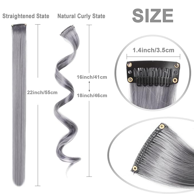 10 PCS Grey Hair Extensions, Curly Wavy Synthetic Hairpieces Clip in Rainbow Neon Party Highlights, Colorful Hair Accessories for Girls Women 17 inch (Grey)