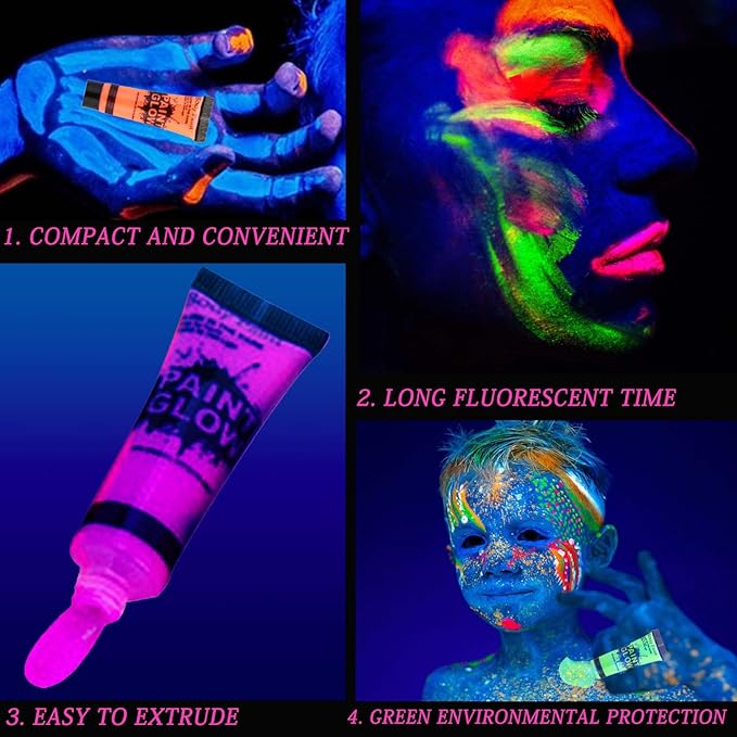 6 Pcs Glow in the Dark Body and Face Paint,Blacklight Neon Body Paints,Washable Quicker Dry Fluorescent Face & Body Makeup for Party Supplies