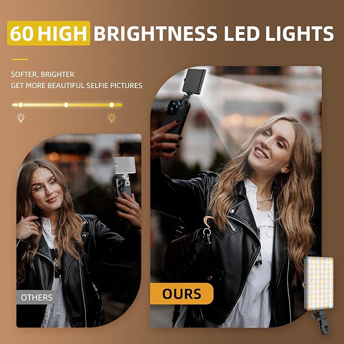 Selfie Light for Phone, 60 LED Phone Light with Rechargeable Clip and Adjusted 3 Light Modes, 2000mAh Video Light for iPhone iPad, Laptop, Makeup, TikTok, Selfie, Vlog, Video Conference